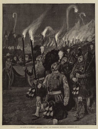 7月11日水曜日、Aldershotの女王、軍事タトゥーとたいまつ行列 作： Richard Caton Woodville junior